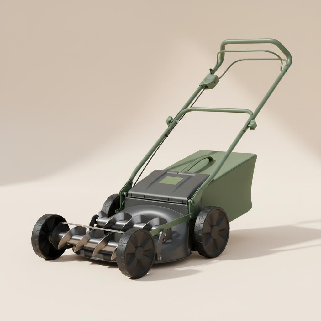 20-inch push reel mower on a warm off-white studio background