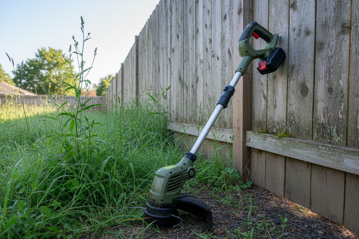 Realistic cordless string trimmer beside a backyard fence and grass