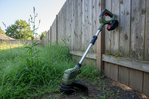 Realistic cordless string trimmer beside a backyard fence and grass