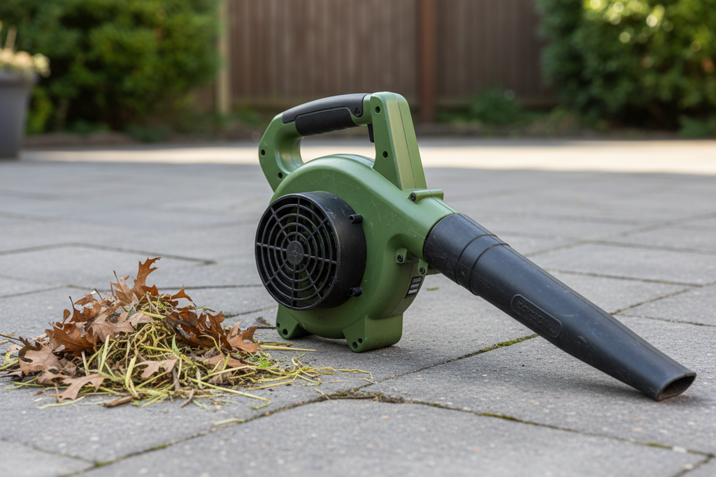 Realistic compact leaf and debris blower beside dry leaves on a stone patio