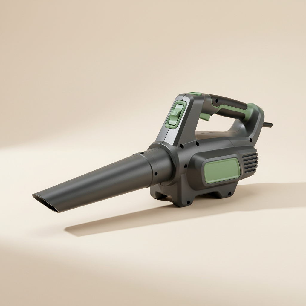 Compact leaf and debris blower on a warm off-white studio background