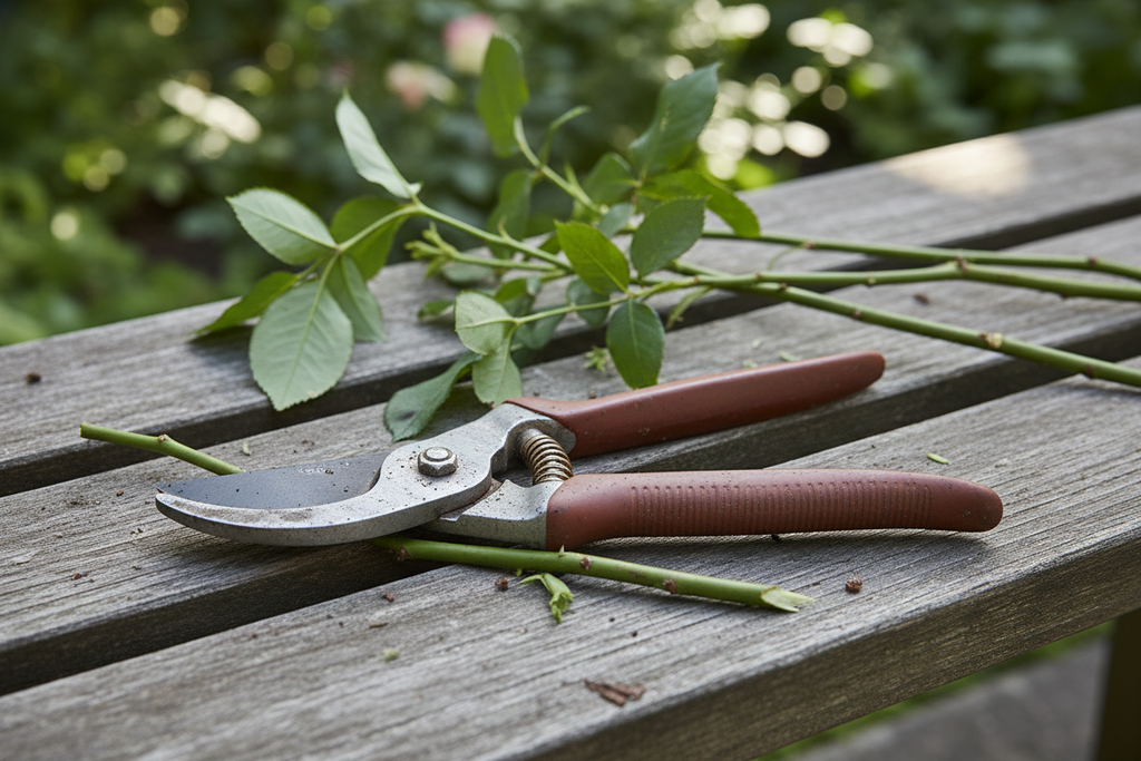Realistic bypass pruning shears beside leafy stems and cut branches
