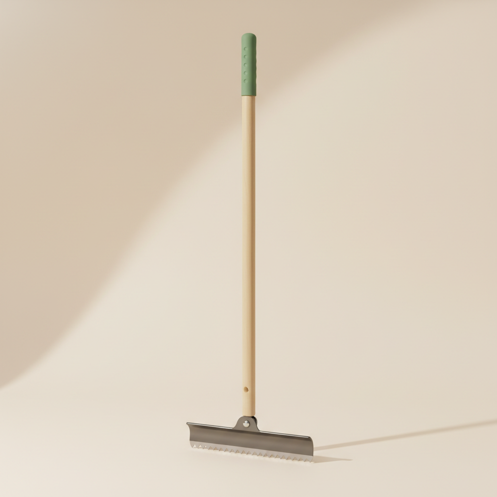 Manual lawn edger on a warm off-white studio background