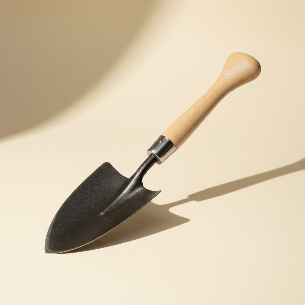 Forged steel garden spade on a warm off-white studio background