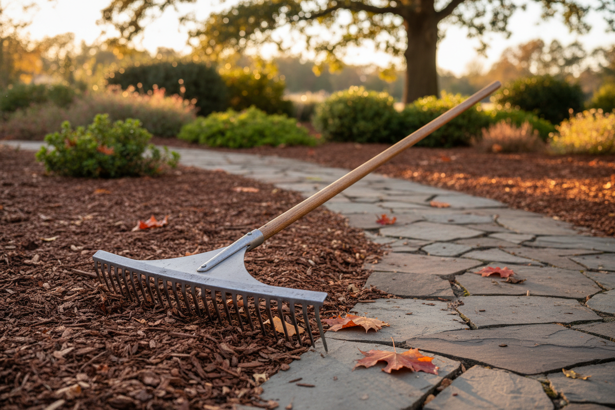Realistic landscape rake resting on a mulch bed beside a stone path