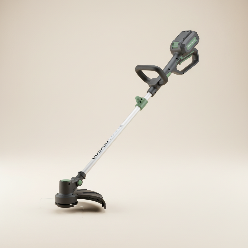 Compact cordless string trimmer on a warm off-white studio background