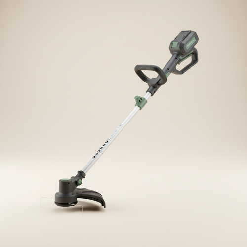 Compact cordless string trimmer on a warm off-white studio background