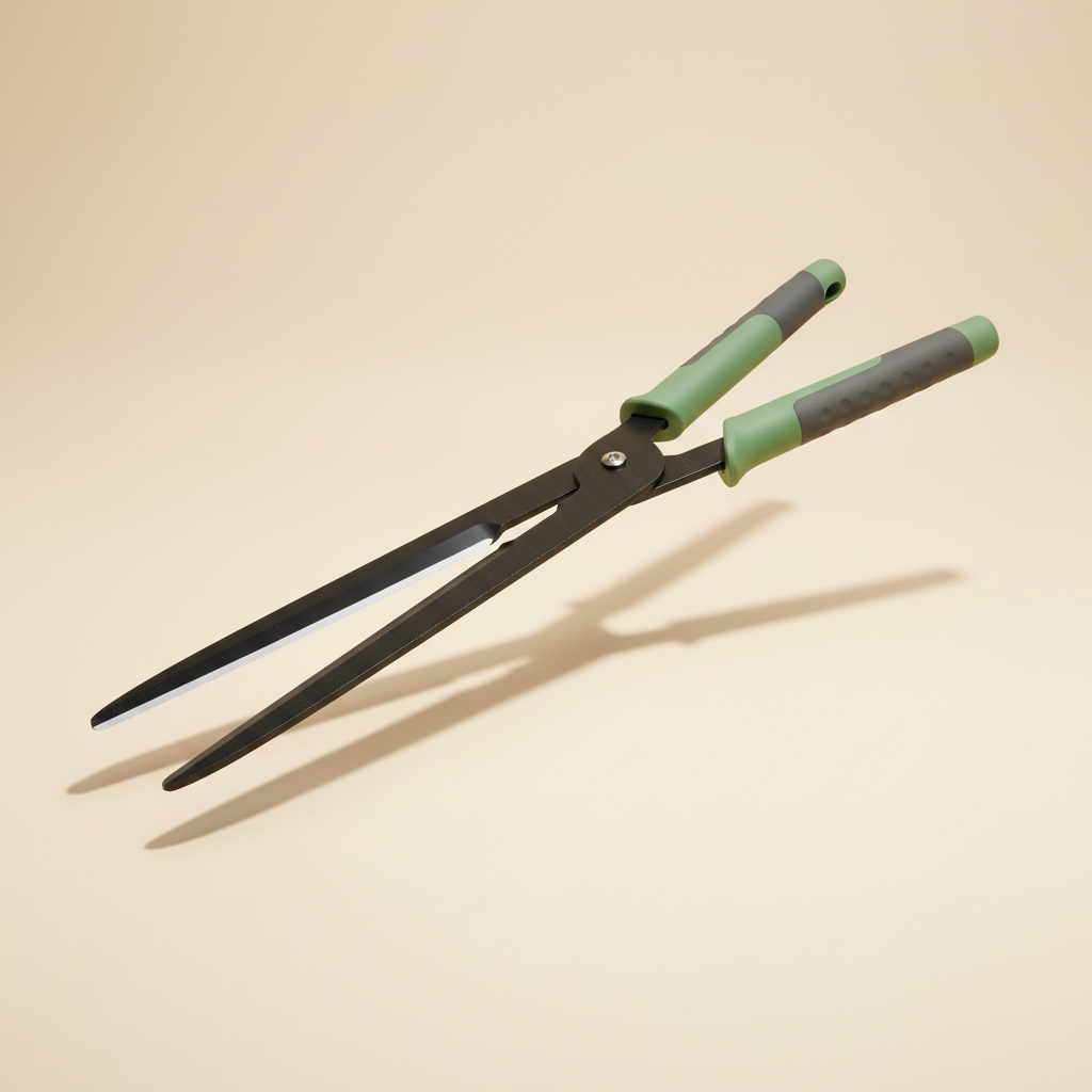 Telescoping hedge shears on a warm off-white studio background
