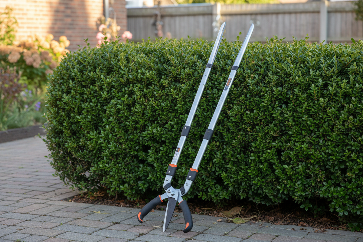 Realistic telescoping hedge shears beside a neatly trimmed residential hedge
