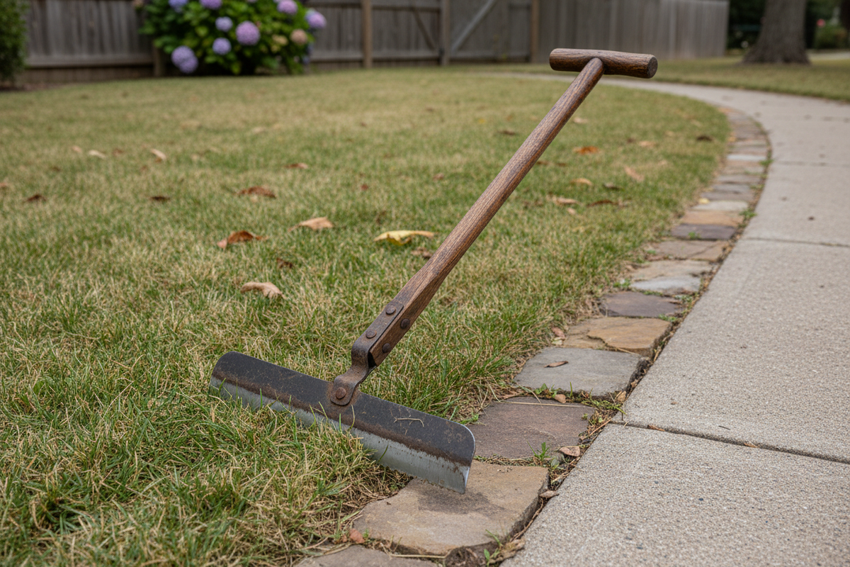 Realistic manual lawn edger beside a concrete walkway and lawn border