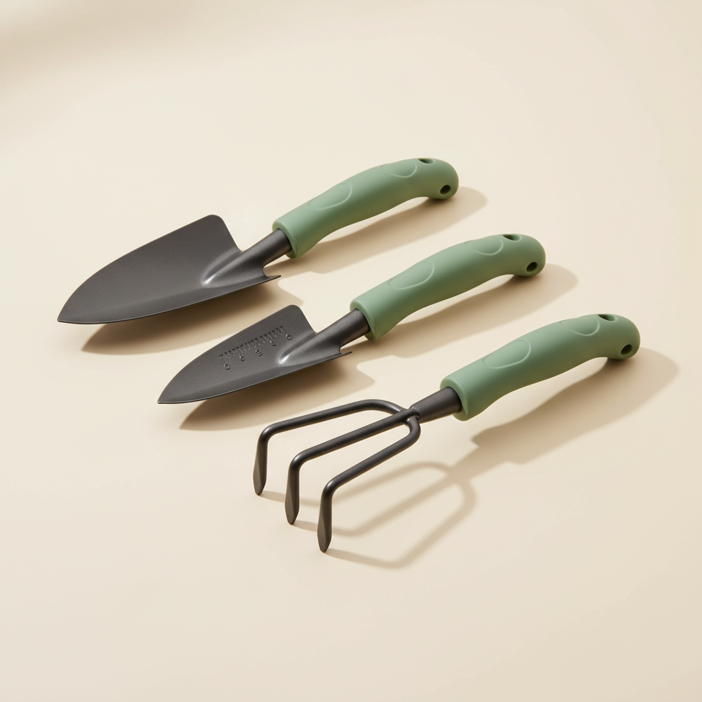 Three-piece garden hand tool set on a warm off-white studio background