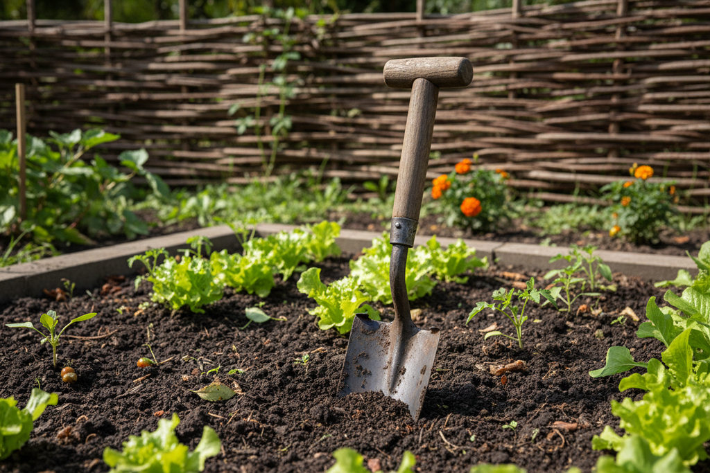Realistic forged steel garden spade in dark soil beside a vegetable bed