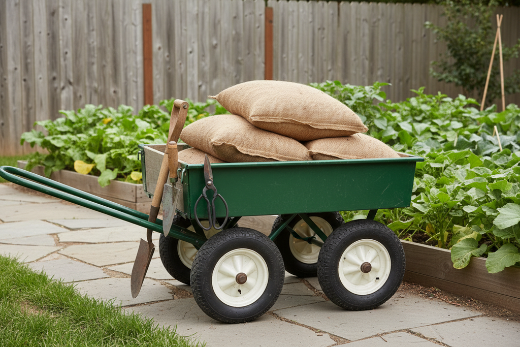 Realistic two-wheel garden cart lightly loaded beside a backyard garden