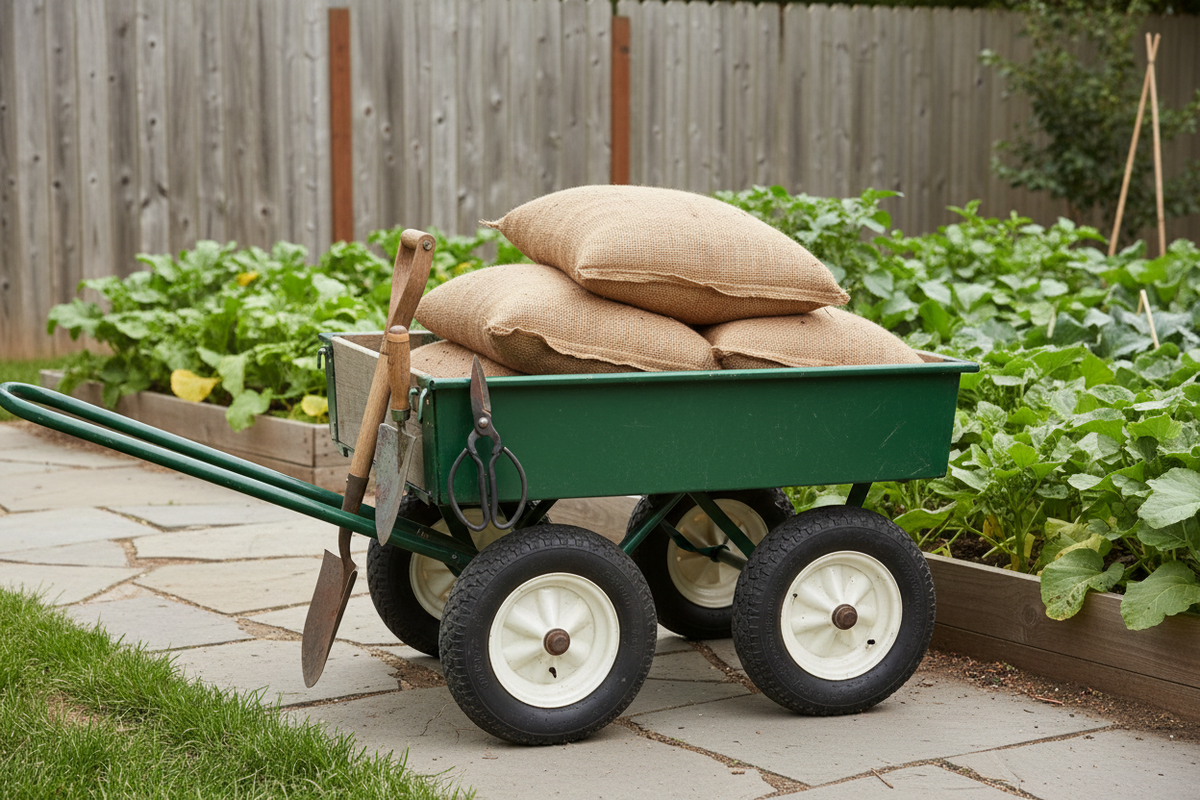 Realistic two-wheel garden cart lightly loaded beside a backyard garden