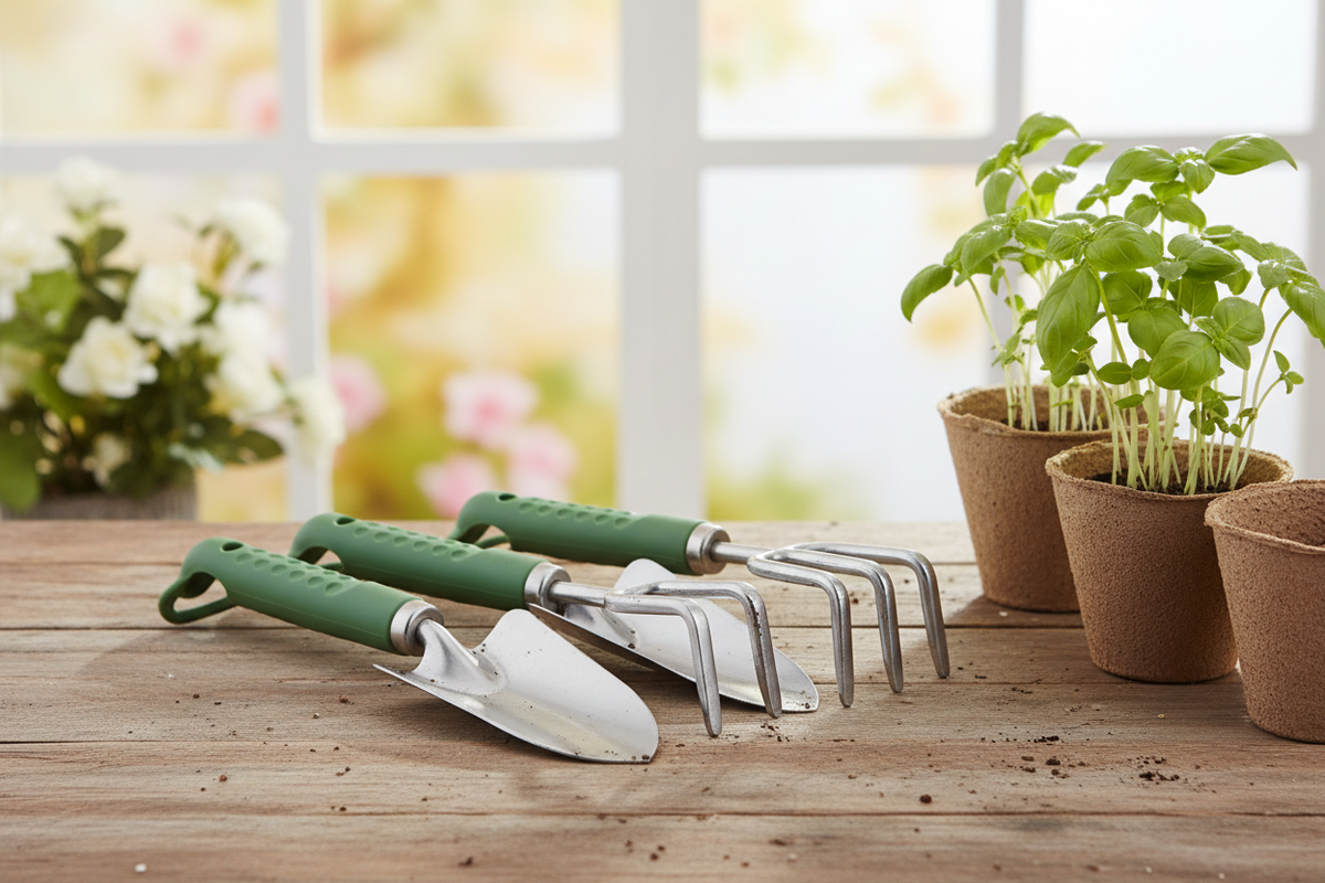 Realistic three-piece garden hand tool set beside seedlings and a terracotta pot