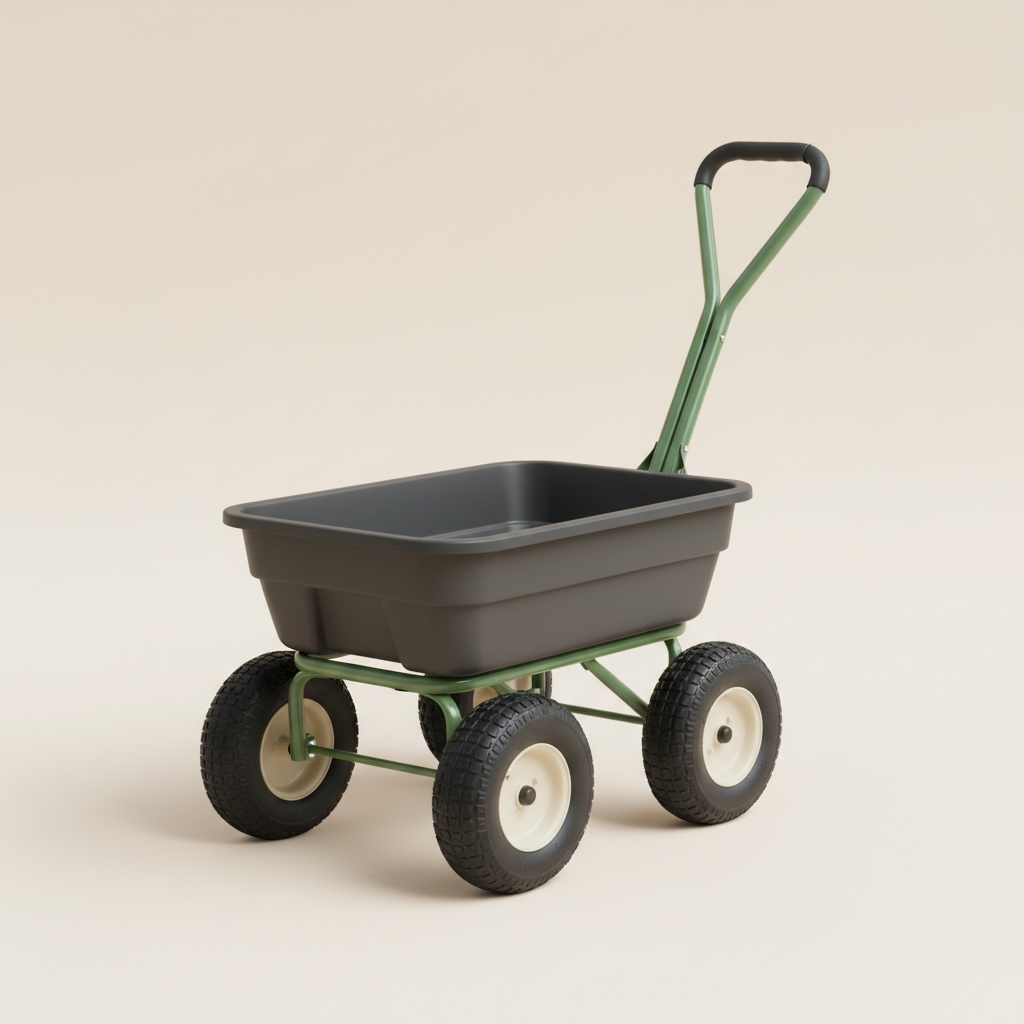 Two-wheel garden cart on a warm off-white studio background